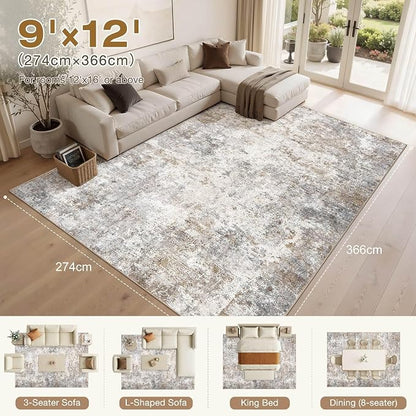 UERMEI 9x12 Washable Area Rug - Neutral Modern Abstract Living Room Rugs, Non-Slip Soft Large Indoor Floor Carpet for Bedroom Home Office & Under Dining Table Decor, Brown Grey