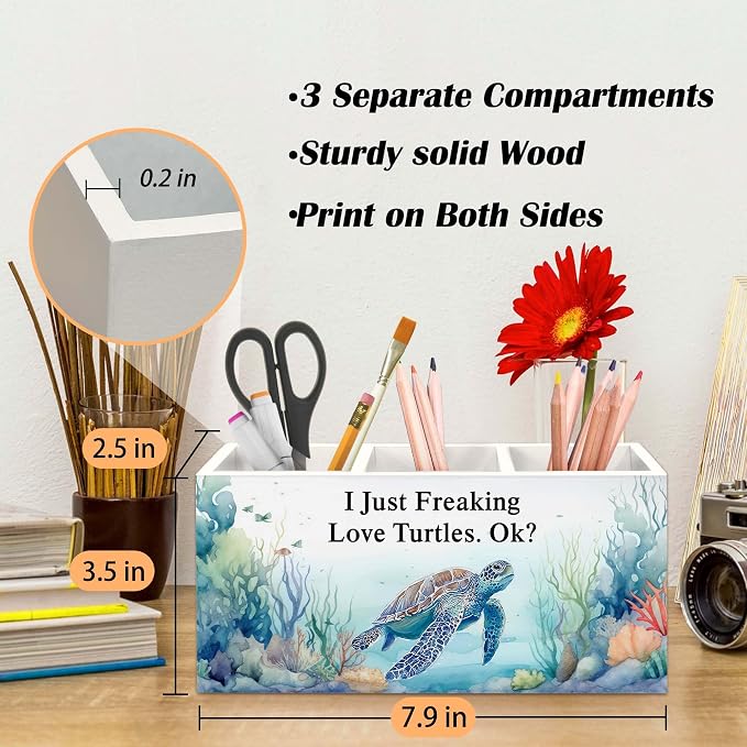 Turtle Pen Holder for Desk, Coastal Nautical Sea Animal Pencil Organizer, Turtle Gifts for Women, I Just Freaking Love Turtles Wooden Pen Holder Desk Accessories Decor for Home Office