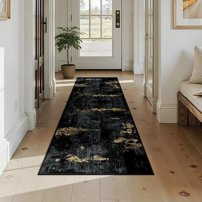 RELEANY Washable Area Rugs 2x7 Non-Slip Modern Abstract Soft for Living Room Entryway Bedroom Kitchen, Print Pattern, Dark Black Gold