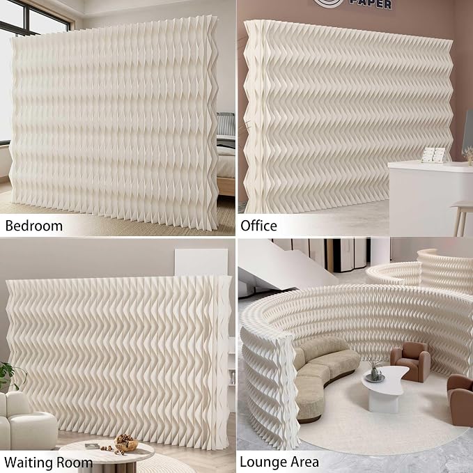 Accordion Kraft Paper Room Divider, 3D Diamond Wave Privacy Screen, Modern Freestanding Folding Partition, No Drill & Portable for Home Office Studio Salon White