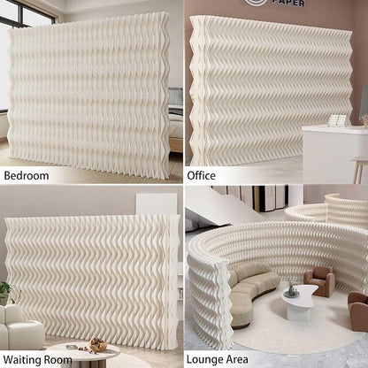 Accordion Kraft Paper Room Divider, 3D Diamond Wave Privacy Screen, Modern Freestanding Folding Partition, No Drill & Portable for Home Office Studio Salon White