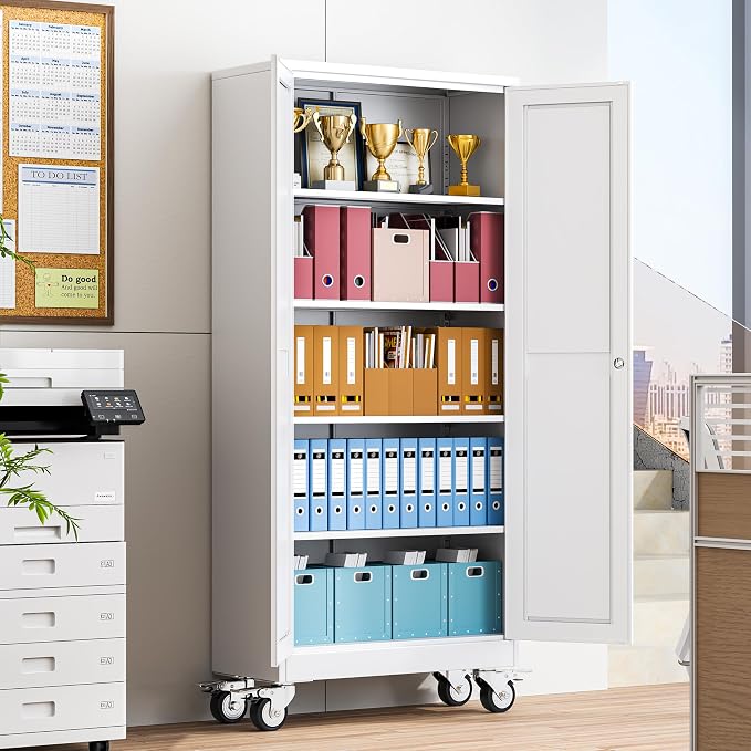 winiowa 71" Tall Metal Garage Storage Cabinet with Wheels, Steel Locking Rolling Tool Cabinet with 4 Adjustable Shelves for Garage,Home,Office (White)