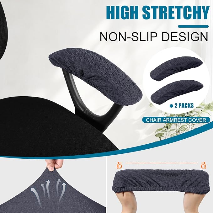 Smiry Stretch Jacquard Office Computer Chair Armrest Covers, 2PCs Removable Washable Anti-dust Desk Chair Arm Pad Covers, Dark Grey