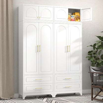 Metal Storage Cabinet with Doors and Shelves, 90" Tall Kitchen Pantry Storage Cabinets with 2 Drawer, White Pantry Closet, Steel Large Cupboard, High Leveling Feet- Assembly Required