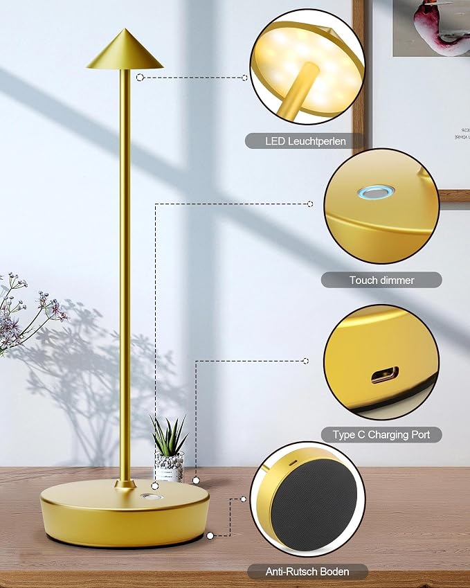Cordless Table Lamps Rechargeable, 6000mAh Battery Operated LED Desk Lamp Outdoor Waterproof Portable Touch Dimmable Table Night Light for Patio Restaurant Dining Home Brass