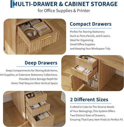 IDEALHOUSE Rectangular Computer Desk with Hutch & Printer Stand, Ripple Door Storage Home Office Desk, Space-Saving Study Writing Desk for Bedroom, Sturdy Board Student Desk with Easy Assembly