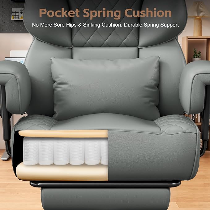Vonesse Big and Tall Office Chair, Desk Chair with Soft Adjustable Armrests, Ergonomic High Back Gaming Chair with Lumbar Support, Executive Computer Chairs with Footrest (PU Leather, Gray)