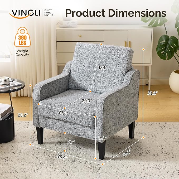 VINGLI Accent Sofa Chair Gray Living Room Chairs Reading Chair for Bedroom Scooped Arm Chair Mid Century Modern Accent Chair Upholstered Comfy Chair for Apartment, Waiting Room