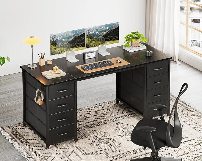 ODK 55 Inch Computer Desk with 8 Fabric Drawers, Modern Office Desk with Large Storage for Home Office, Study, Gaming, Black