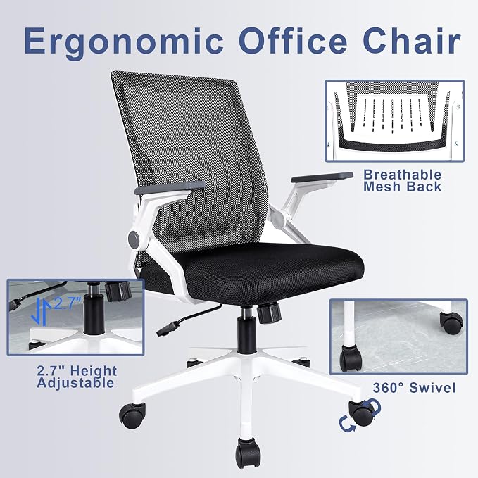 Ergonomic Office Chair with Flip-Up Arms, Small Desk Chair with Breathable Mesh Back, Home Office Desk Chair that Saves Space, Compact Swivel Computer Chair