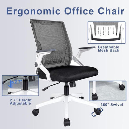 Ergonomic Office Chair with Flip-Up Arms, Small Desk Chair with Breathable Mesh Back, Home Office Desk Chair that Saves Space, Compact Swivel Computer Chair