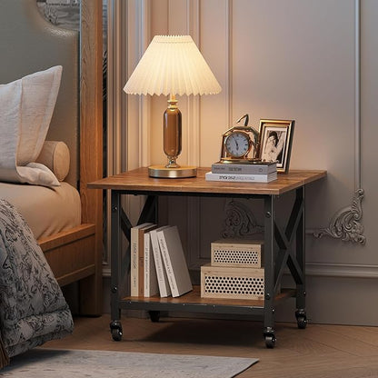 VENNQD 2 Tier Printer Stand, 23.6'' x 23.6'' Large Table with Storage Shelf, Rolling Printer Cart with Wheels, Laser Printer Table for Home Office Living Room Scanner Fax Machine, Rustic Brown