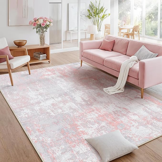 RELEANY Washable Area Rugs 8'x10' Non-Slip Modern Abstract Soft for Living Room Entryway Bedroom Kitchen, Print Pattern, Grey Pink