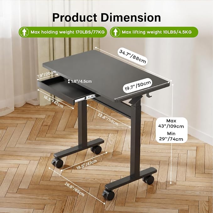 Standing Desk for Walking Pad with Wheels, Pneumatic Cordless Height Adjustable Rolling Desk, Mobile Computer Workstation with Drawer Hook Locking Casters for Treadmill & Home Office, Black