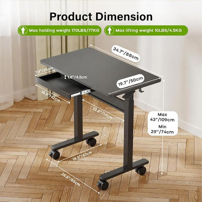 Standing Desk for Walking Pad with Wheels, Pneumatic Cordless Height Adjustable Rolling Desk, Mobile Computer Workstation with Drawer Hook Locking Casters for Treadmill & Home Office, Black