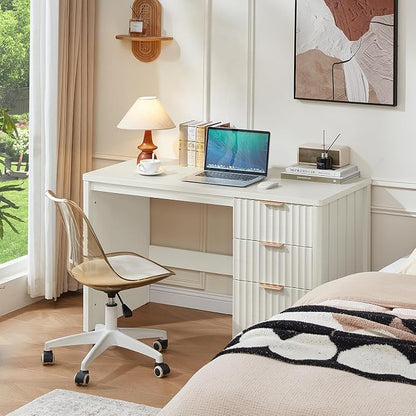 LEYAOYAO Office Desk 48" with 3 Drawers Storage File Cabinet Wood Fluted Desk for Computer Office Bedroom Home Furniture White