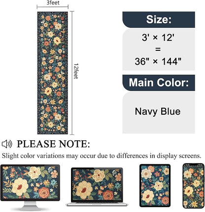 DUKINO 3x12 Washable Runner Rug, Non Slip Soft Floral Hallway Runner Rug with Non Shedding Design, Low Pile Loog Floor Carpet for Kitchen, Hallway, Bathroom, Entryway, Laundry, Navy Blue