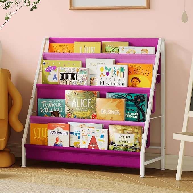 Aokitsink Kids Bookshelf for Kids Rooms, 4-Tier Montessori Bookshelf,Nursery Book Shelves,Pink Toddler Bookshelf, Metal Kid's Book Storage Organizer for Girls Room Furniture Playroom Kindergarten