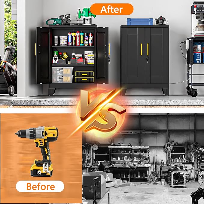 Metal Tool Storage Cabinet with Lock Doors and Adjustable Shelves, Small Locking Garage Storage Cabinet, Black Steel Tool Cabinets with Leveling Feet for Garage, Basement, Office, Utility Room
