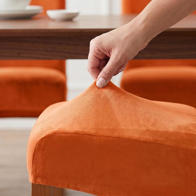 Deisy Dee Stretch XL/Oversized Extra Large Velvet Dining Room Chair Covers for Kitchen Dining，Removable Washable Chair Protectors Slipcovers (Orange, 4)