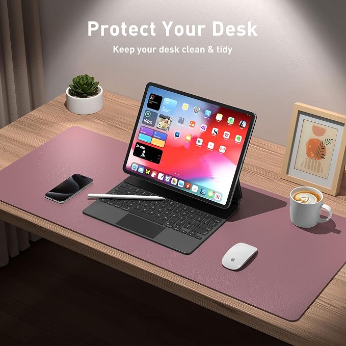Aothia Leather Desk Pad Protector, Mouse Pad, Office Desk Mat,Non-Slip PU Leather Desk Blotter, Laptop Desk Pad, Waterproof Desk Writing Pad for Office and Home (Dark Pink, 23.6" x 13.7")