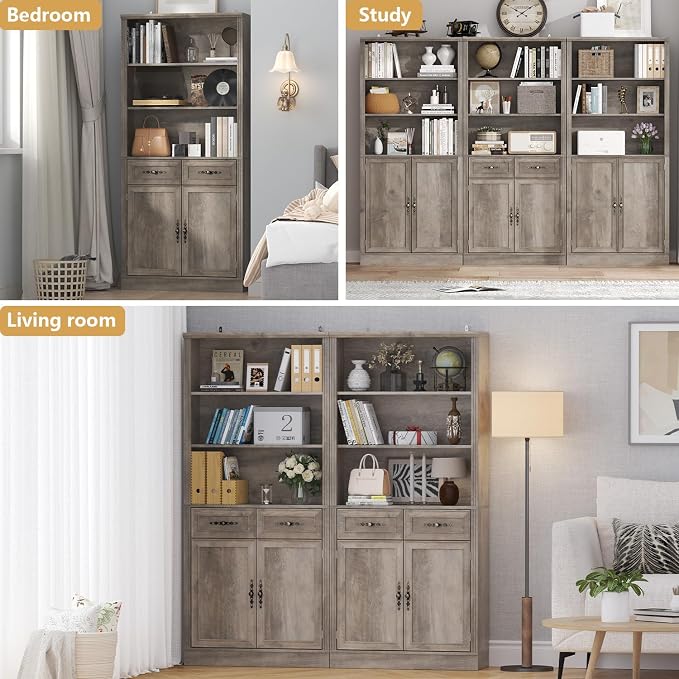 Thacuok 72'' Tall Bookcase with Doors and Drawers, Adjustable Shelves, P2 MDF Construction, 32'' Wide Freestanding Cabinet with Metal Handles, Hidden Storage for Living Room, Bedroom