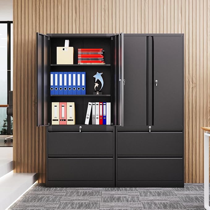 2 Drawer Lateral File Cabinet, Office Storage Cabinet with 2 Wide&Deep Drawers and Locking Doors, Black Metal Cabinet with Adjustable Shelves for Home Office, Fits A4/Letter/Legal Size Folders