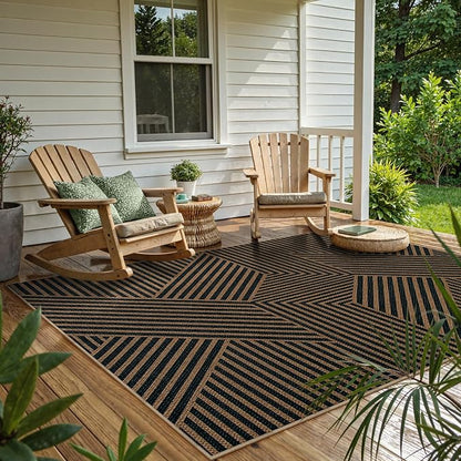 Lahome Enfys Modern Geometric Outdoor Easy Jute Rug, 5x7 Patio Living Room Rug Large Black Carpet for Bedroom, Farmhouse Washable Indoor Outdoor Carpet for Dining Room Backyard Deck