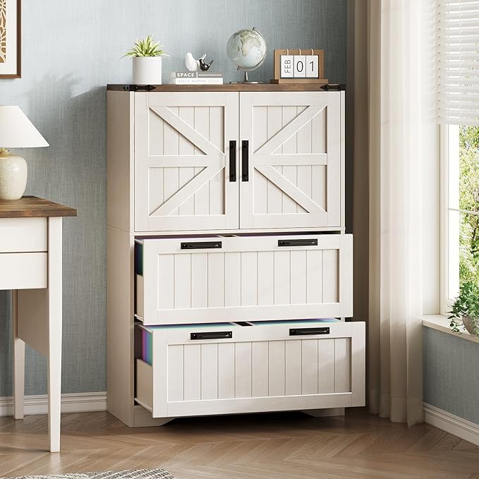 Halitaa 2 Drawer Filing Cabinet, Farmhouse File Cabinet for Home Office with Storage Space, Wood Tall Office Filing Cabinet fits Legal/Letter/A4 Size, Lateral File Cabinets with 2 Doors, Rustic White