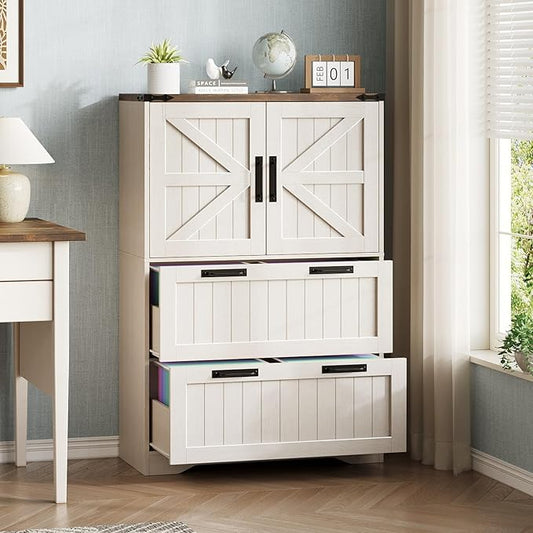 Halitaa 2 Drawer Filing Cabinet, Farmhouse File Cabinet for Home Office with Storage Space, Wood Tall Office Filing Cabinet fits Legal/Letter/A4 Size, Lateral File Cabinets with 2 Doors, Rustic White