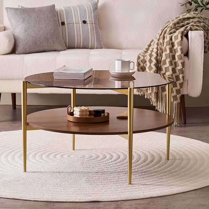 LumFurn Round Coffee Table, Mid-Century Modern Design, D30 x H17, for Living Room, 2-Tier Structure, Amber Glass Top and Walnut MDF Shelf, Sleek Conical Metal Legs with Gold Finish