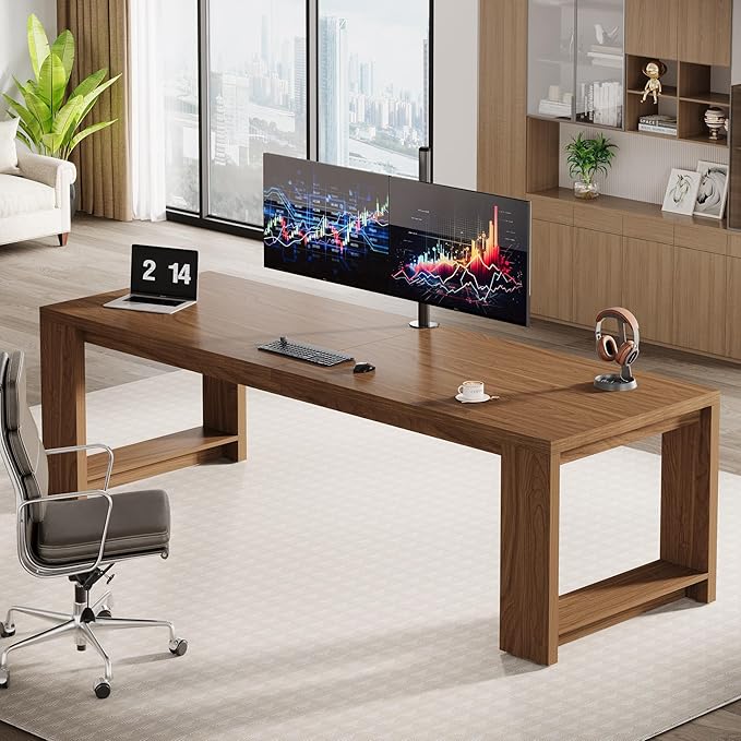 Tribesigns Two Person Desk, 86.6-Inch Extra Long Desk, Double Computer Writing Table, Wood Large Desks Workstation for Home Office, Walnut