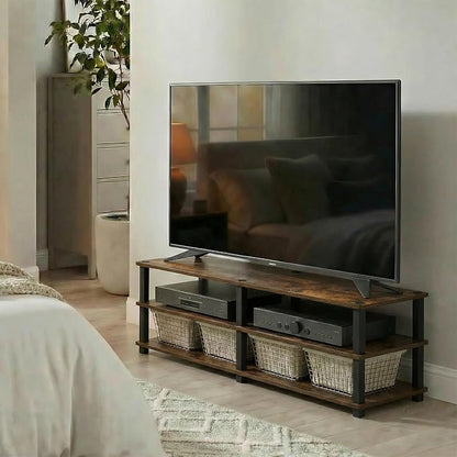 Furinno Turn-S-Tube Toolless Assembly 3-Tier TV Stand, Entertainment Center for TV up to 55 Inch, Wide Printer Stand with Storage Shelf, for Living Room, Bedroom, Amber Pine