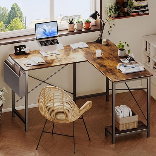 DUMOS L Shaped Desk Computer Gaming Corner Table 50 Inch Home Office Writing Student Work PC Workstation with Side Storage Bag CPU Stand for Bedroom Small Spaces