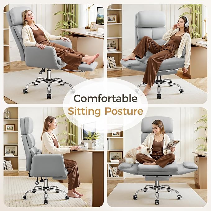 Big and Tall Office Chair 500LBS, Ergonomic High Back Leather Executive Chair, Reclining Swivel with Adjustable Armrests Lumbar Support Footrest, Cross Legged, Light Gray