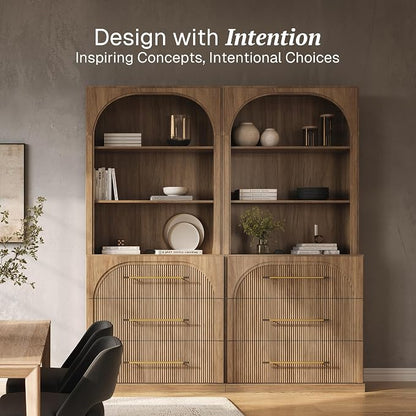 BELLEZE Set of 2 Tall Arched Storage Cabinet with Hutch and Drawers, Wood Highboard for Living Room and Home Office, Camel