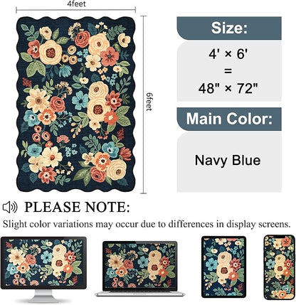 DUKINO 4x6 Area Rug, Floral Non-Slip Indoor Washable Rug with Low Pile & Non-Shedding, Lightwight Boho Design Carpet for Entryway, Bedroom, Kids Room, Living Room, Kitchen, Navy Blue
