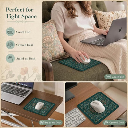 iCasso Aesthetic Small Floral Mouse Pad, Mini Portable Travel Mousepad, Anti-Slip and Comfortable Cloth Mouse Mat 7.9"x9.5" with Stitched Edges for Computer, Laptop, Office, Home(Deep Green)