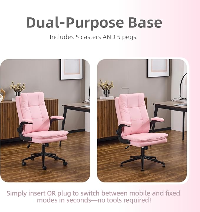 VINGLI Comfy Pink Leather Office Desk Chair,High-Back Ergonomic Computer Small Gaming Chair with/No Wheels,Adjustable Height,Flip-Up Arms,360° Swivel for Vanity,Home Office,Adults,Teen,Girls&Women