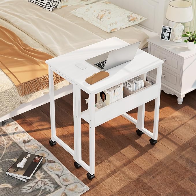 GreenForest Folding Desk with Wheels, 31.5 Inch Compact Rolling Computer Table with Storage Shelf, Portable Mobile Workstation for Small Spaces, Easy Assembly, Pure White