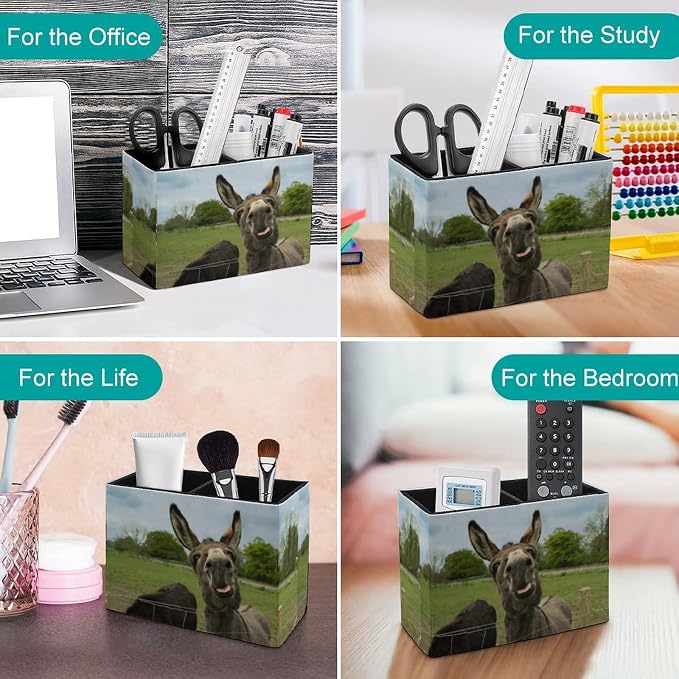 Niapessel Pencil Holder for Desk, Brown Furry Donkey Pen Holder Storage Desktop Pen Organizer Desk Pencil Organizer Makeup Brush Holder for Office School College Leather