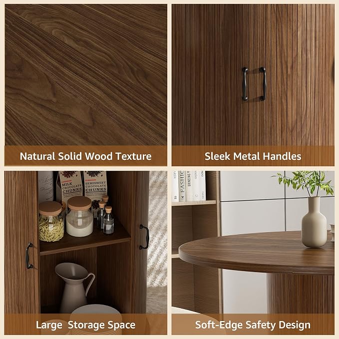 31.5 inch Round Dining Table for 2, Small Dinner Table with 2-Layer Storage Shelf, Morden Circle Kitchen Table with Wood Strip Base and Slide Door for Home Dining Room, Living Room, Walnut