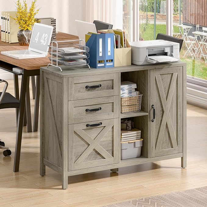 Befrases Farmhouse Lateral Filing Cabinet, Lateral File Cabinet with 3 Drawers and Cabinet, Large Printer Stand with File Drawer for Letter/A4 Size Hanging Files for Home Office, Rustic Grey