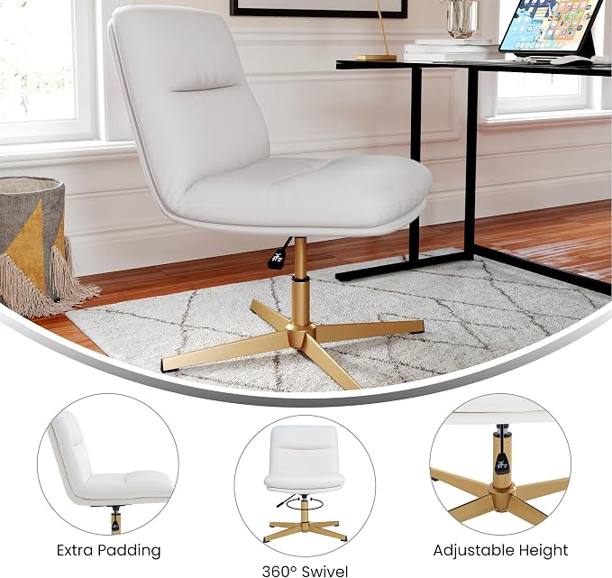 Flash Furniture Chloe Commercial Mid-Back Swivel Office Chair, Padded LeatherSoft, Adjustable Height, Ergonomic Mid-Rise Back, Armless, Stationary, White/Gold
