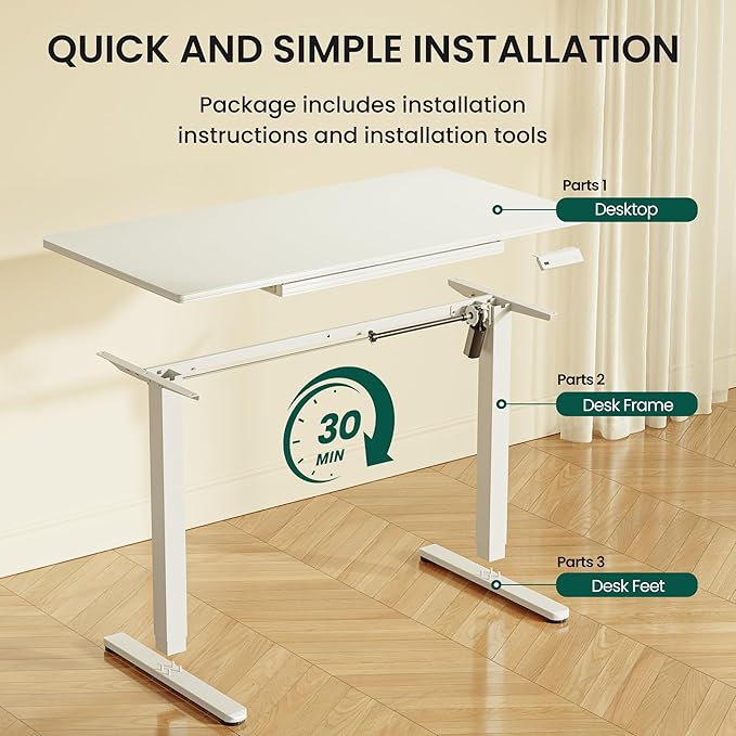 BANTI 48"x24" Standing Desk with Glass Top, Height Adjustable Computer Desk with Drawer, One-piece Rising Home Office Desks with Positon Memory, Sit Stand Up Electric Workstation Table, White