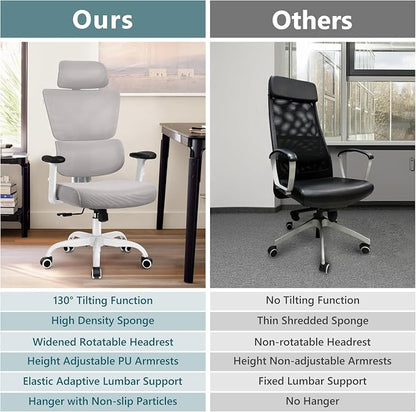 Winrise Office Chair Ergonomic Desk Chair, High Back Gaming Chair, Big and Tall Reclining Chair Comfy Home Office Desk Chair Lumbar Support Breathable Mesh Computer Chair Adjustable Armrests (Gray)
