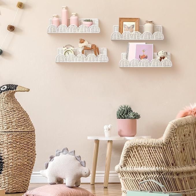 Pinkunn 4 Pcs Nursery Book Shelves 15.8 Inch Rattan Scalloped Floating Bookshelves Wicker Boho Book Shelf for Wall Mounted Decor Nursery Rooms Hanging(Cute)