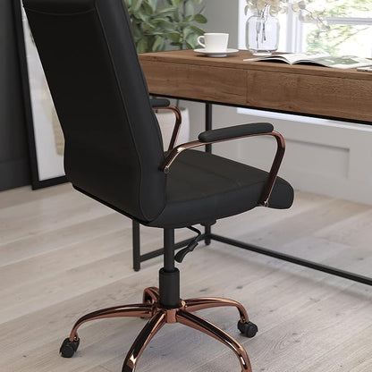 Merrick Lane Milano Contemporary High-Back Black Faux Leather Home Office Chair with Padded Rose Gold Arms