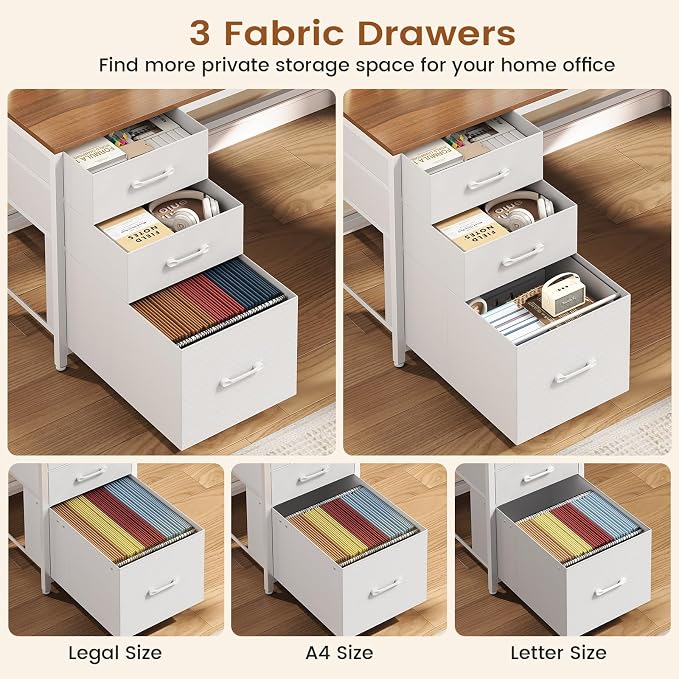 SEDETA L Shaped Gaming Desk with Storage Drawers and Hutch, Convertible 94.5" Computer Desk with Drawers, Corner Computer Desk with Power Outlet, LED Lights, Pegboard for Home Office, White and Brown