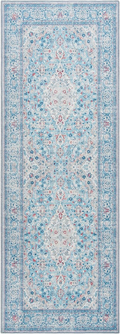 Goideal Washable Runner Rug 2x6, Blue Rugs Non Slip, Indoor Low Pile Carpet with Rubber Backing for Hallway Kitchen Bathroom Entryway Bedroom
